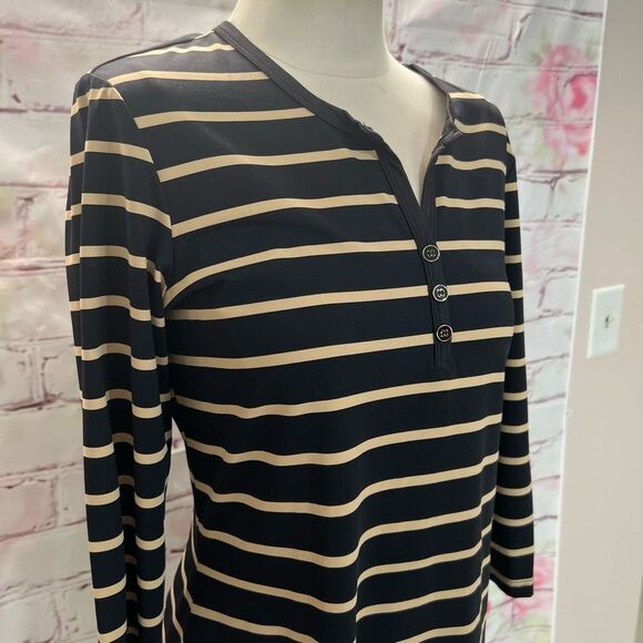 J. Mclaughlin Women's 3/4 Sleeves Black Tan Stripes Quarter Button Casual Dress - Picture 2 of 10
